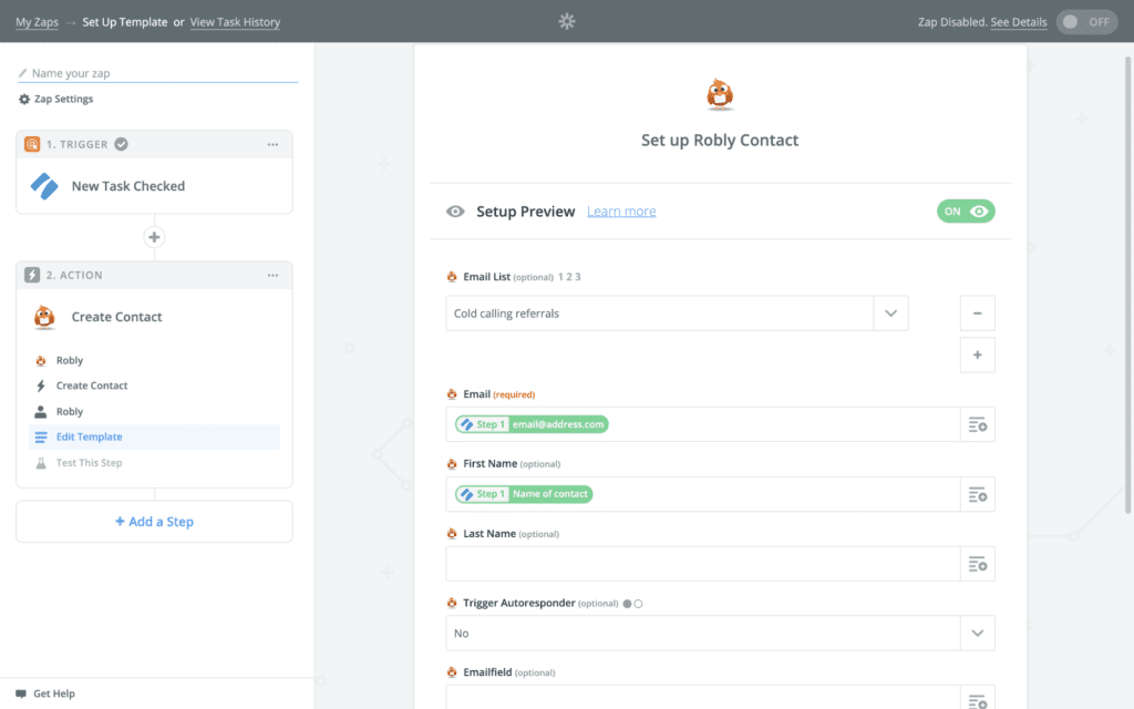 Set up Robly contact in Zapier business process automations